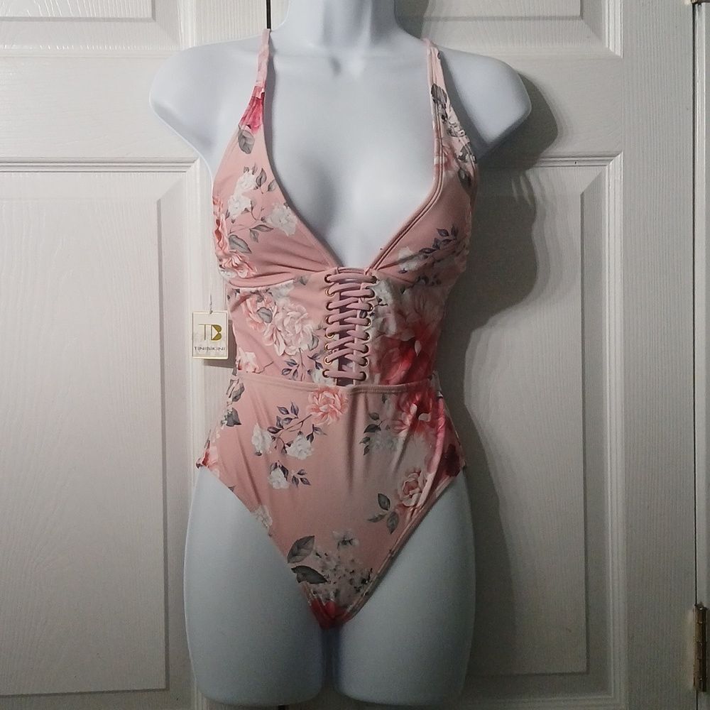 Tinibikini pink floral lace back and lace front one piece bathing suit Sz Xs NWT